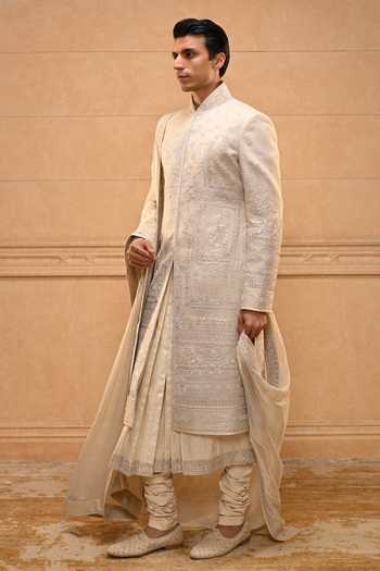 Tarun Tahiliani_Ivory Georgette, Tissue, Brocade, Jacquard, Poplin Temple Motif Sherwani Set _Online_at_Aza_Fashions