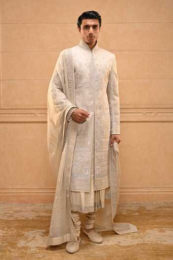 Buy_Tarun Tahiliani_Ivory Georgette, Tissue, Brocade, Jacquard, Poplin Temple Motif Sherwani Set _Online_at_Aza_Fashions