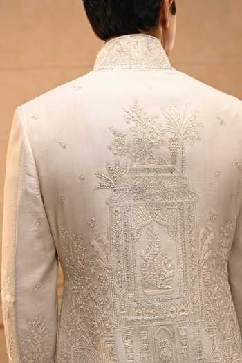 Shop_Tarun Tahiliani_Ivory Georgette, Tissue, Brocade, Jacquard, Poplin Temple Motif Sherwani Set _Online_at_Aza_Fashions