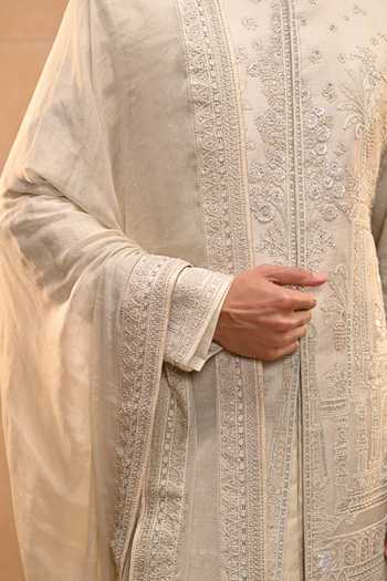 Tarun Tahiliani_Ivory Georgette, Tissue, Brocade, Jacquard, Poplin Temple Motif Sherwani Set _at_Aza_Fashions