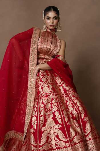 Buy_Vishwa By Pinki Sinha_Red Silk, Organza Lehenga Set With Unstitched Blouse Piece _Online_at_Aza_Fashions