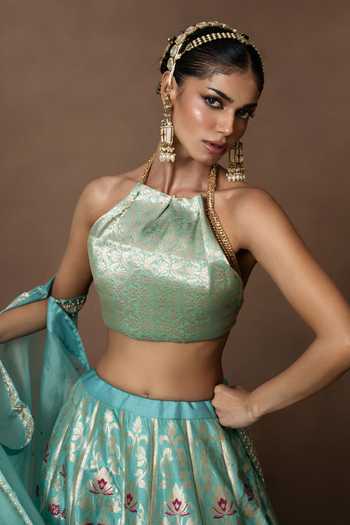 Vishwa By Pinki Sinha Blue Silk, Organza Lehenga Set With Unstitched Blouse Piece Online at Aza Fashions Vishwa By Pinki Sinha_Blue Silk, Organza Lehenga Set With Unstitched Blouse Piece_Online_at_Aza_Fashions