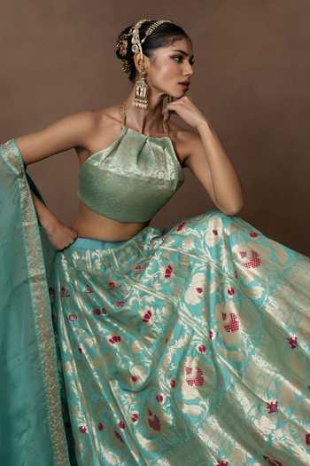 Shop Vishwa By Pinki Sinha Blue Silk, Organza Lehenga Set With Unstitched Blouse Piece Online at Aza Fashions Shop_Vishwa By Pinki Sinha_Blue Silk, Organza Lehenga Set With Unstitched Blouse Piece_Online_at_Aza_Fashions