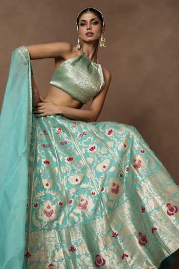 Vishwa By Pinki Sinha Blue Silk, Organza Lehenga Set With Unstitched Blouse Piece at Aza Fashions Vishwa By Pinki Sinha_Blue Silk, Organza Lehenga Set With Unstitched Blouse Piece_at_Aza_Fashions