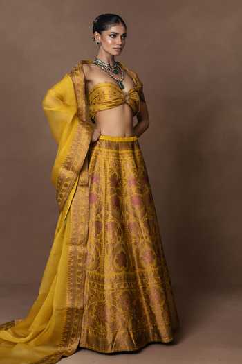 Buy_Vishwa By Pinki Sinha_Yellow Silk, Organza Lehenga Set With Unstitched Blouse Piece _Online_at_Aza_Fashions
