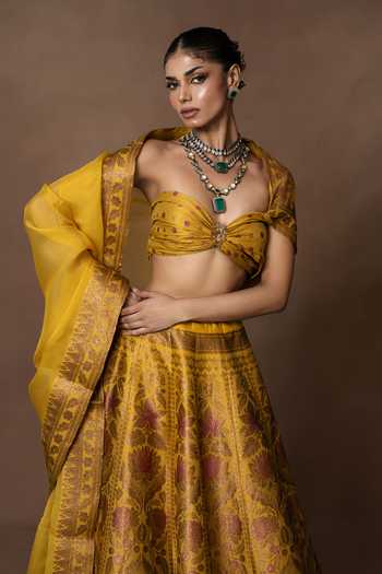 Shop_Vishwa By Pinki Sinha_Yellow Silk, Organza Lehenga Set With Unstitched Blouse Piece _Online_at_Aza_Fashions