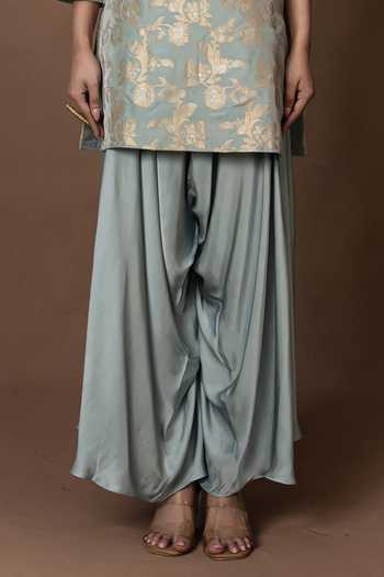 Vishwa By Pinki Sinha_Blue Silk, Satin Mandarin Collar Kurta With Draped Pant _Online_at_Aza_Fashions