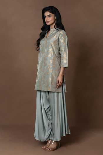 Buy_Vishwa By Pinki Sinha_Blue Silk, Satin Mandarin Collar Kurta With Draped Pant _Online_at_Aza_Fashions