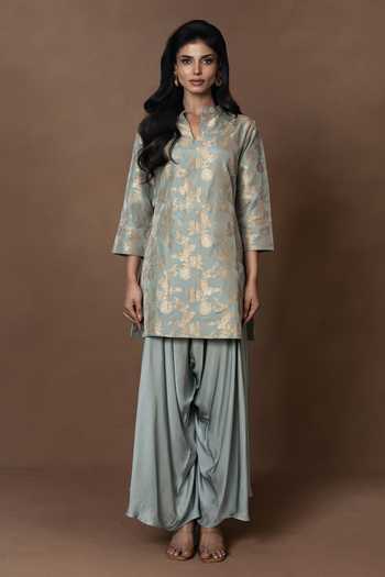 Shop_Vishwa By Pinki Sinha_Blue Silk, Satin Mandarin Collar Kurta With Draped Pant _Online_at_Aza_Fashions