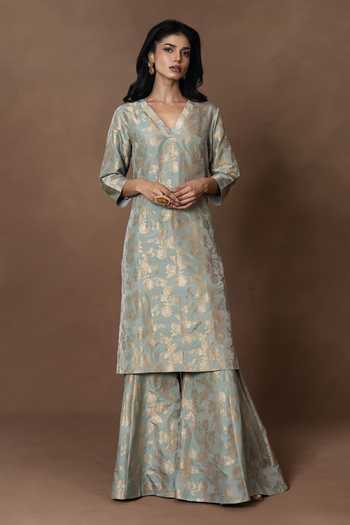 Buy_Vishwa By Pinki Sinha_Blue Silk V-neck, Yes Woven Kurta Gharara Set _Online_at_Aza_Fashions