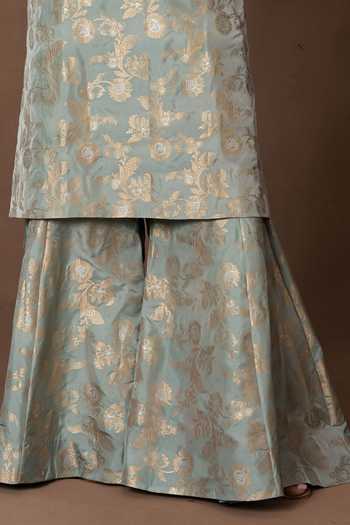 Shop_Vishwa By Pinki Sinha_Blue Silk V-neck, Yes Woven Kurta Gharara Set _Online_at_Aza_Fashions