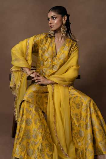 Buy_Vishwa By Pinki Sinha_Yellow Silk, Organza V-neck Floral Woven Kurta Gharara Set _Online_at_Aza_Fashions