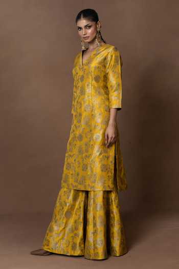 Shop_Vishwa By Pinki Sinha_Yellow Silk, Organza V-neck Floral Woven Kurta Gharara Set _Online_at_Aza_Fashions