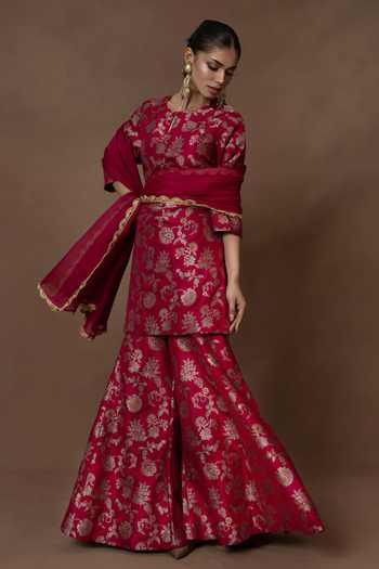 Buy_Vishwa By Pinki Sinha_Pink Silk, Organza Round Neck Meenakari Woven Kurta Gharara Set _Online_at_Aza_Fashions