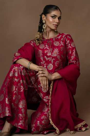 Vishwa By Pinki Sinha_Pink Silk, Organza Round Neck Meenakari Woven Kurta Gharara Set _at_Aza_Fashions