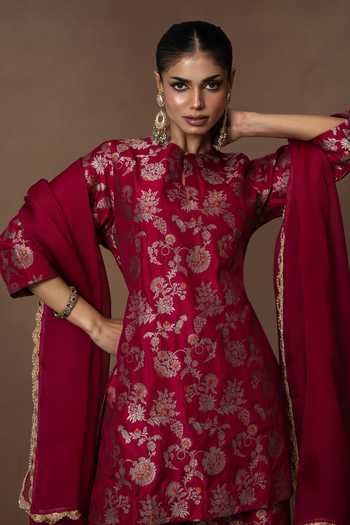 Buy_Vishwa By Pinki Sinha_Pink Silk, Organza Round Neck Meenakari Woven Kurta Gharara Set 