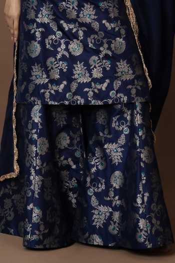 Buy_Vishwa By Pinki Sinha_Blue Silk, Organza V-neck, Yes Woven Kurta Gharara Set _Online_at_Aza_Fashions