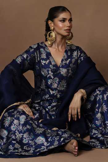 Shop_Vishwa By Pinki Sinha_Blue Silk, Organza V-neck, Yes Woven Kurta Gharara Set _Online_at_Aza_Fashions