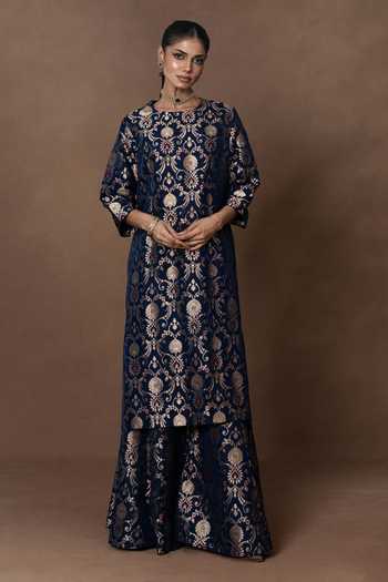 Vishwa By Pinki Sinha_Blue Silk, Organza Round Neck Woven Kurta Gharara Set _Online_at_Aza_Fashions