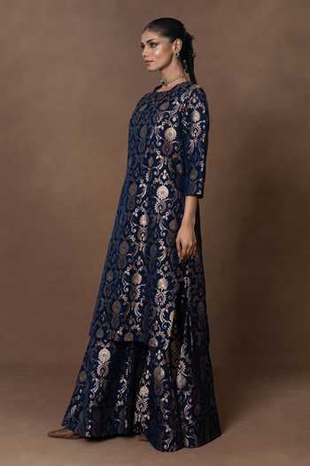 Buy_Vishwa By Pinki Sinha_Blue Silk, Organza Round Neck Woven Kurta Gharara Set _Online_at_Aza_Fashions