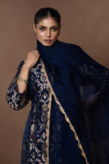 Shop_Vishwa By Pinki Sinha_Blue Silk, Organza Round Neck Woven Kurta Gharara Set _Online_at_Aza_Fashions
