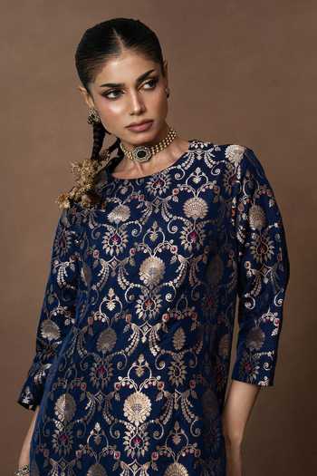 Vishwa By Pinki Sinha_Blue Silk, Organza Round Neck Woven Kurta Gharara Set _at_Aza_Fashions