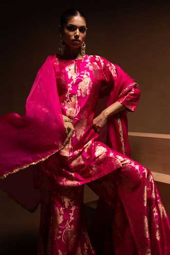 Shop_Vishwa By Pinki Sinha_Pink Silk, Organza Round Neck, Yes Woven Kurta Gharara Set 
