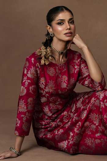 Shop_Vishwa By Pinki Sinha_Pink Silk Round Neck, Yes Meenakari Kurta And Pant Set _Online_at_Aza_Fashions
