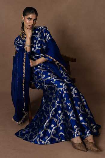 Buy_Vishwa By Pinki Sinha_Blue Silk, Organza Round Neck, Yes Floral Pattern Kurta Gharara Set _Online_at_Aza_Fashions