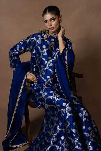 Shop_Vishwa By Pinki Sinha_Blue Silk, Organza Round Neck, Yes Floral Pattern Kurta Gharara Set _Online_at_Aza_Fashions