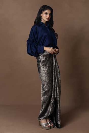 Vishwa By Pinki Sinha_Blue Silk Collared Neck Brocade Draped Skirt And Shirt _Online_at_Aza_Fashions