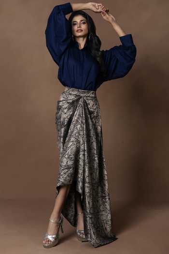 Buy_Vishwa By Pinki Sinha_Blue Silk Collared Neck Brocade Draped Skirt And Shirt _Online_at_Aza_Fashions