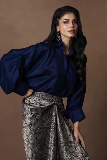 Shop_Vishwa By Pinki Sinha_Blue Silk Collared Neck Brocade Draped Skirt And Shirt _Online_at_Aza_Fashions