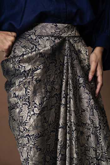Vishwa By Pinki Sinha_Blue Silk Collared Neck Brocade Draped Skirt And Shirt _at_Aza_Fashions