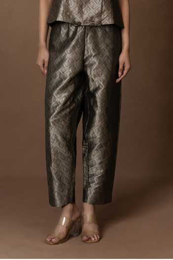 Buy_Vishwa By Pinki Sinha_Silver Silk V-neck Brocade Waistcoat And Pant _Online_at_Aza_Fashions