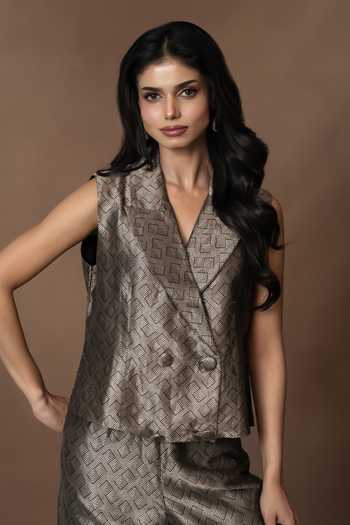 Shop_Vishwa By Pinki Sinha_Silver Silk V-neck Brocade Waistcoat And Pant _Online_at_Aza_Fashions