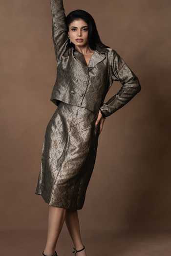 Shop_Vishwa By Pinki Sinha_Silver Silk Collared Neck Brocade Waistcoat With Pencil Skirt _Online_at_Aza_Fashions