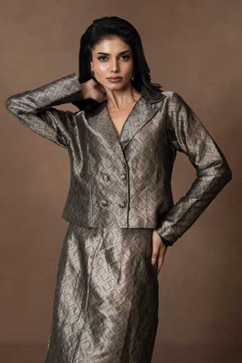 Vishwa By Pinki Sinha_Silver Silk Collared Neck Brocade Waistcoat With Pencil Skirt _at_Aza_Fashions