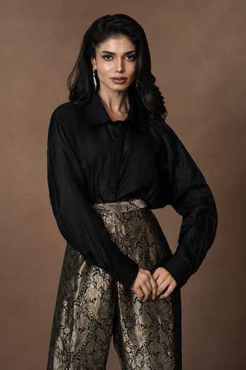 Vishwa By Pinki Sinha Black Silk Collared Neck Brocade Pant And Solid Shirt Set Online at Aza Fashions Vishwa By Pinki Sinha_Black Silk Collared Neck Brocade Pant And Solid Shirt Set _Online_at_Aza_Fashions