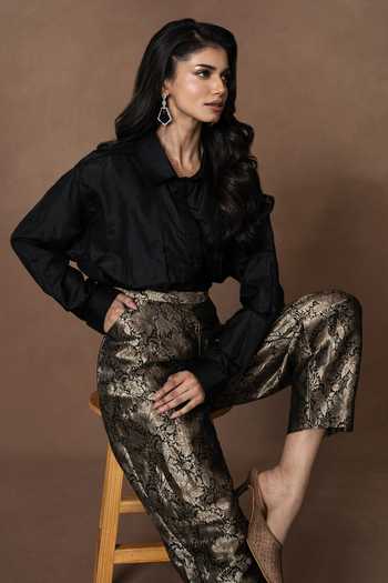 Shop Vishwa By Pinki Sinha Black Silk Collared Neck Brocade Pant And Solid Shirt Set Online at Aza Fashions Shop_Vishwa By Pinki Sinha_Black Silk Collared Neck Brocade Pant And Solid Shirt Set _Online_at_Aza_Fashions