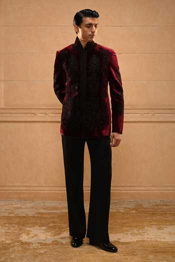 Tarun Tahiliani_Black Velvet, Cotton Satin, Suiting Embroidery, Sequins, Pearls Bandhgala Set _Online_at_Aza_Fashions
