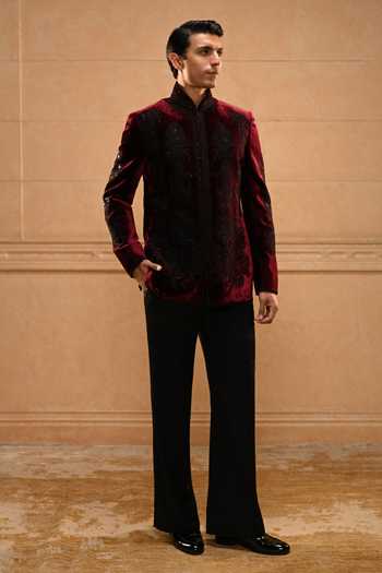 Shop_Tarun Tahiliani_Black Velvet, Cotton Satin, Suiting Embroidery, Sequins, Pearls Bandhgala Set _Online_at_Aza_Fashions