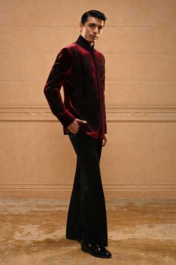 Buy_Tarun Tahiliani_Black Velvet, Cotton Satin, Suiting Embroidery, Sequins, Pearls Bandhgala Set 