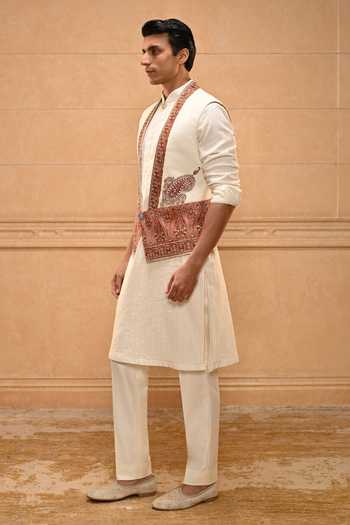 Buy Tarun Tahiliani Ivory Cotton, Poplin Kashida Waistcoat Set Buy_Tarun Tahiliani_Ivory Cotton, Poplin Kashida Waistcoat Set