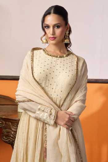 Arje India_Beige Silk, Cotton, Chanderi Round Neck, Yes And Kurta Set _Online_at_Aza_Fashions