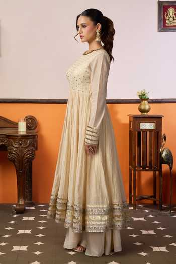 Buy_Arje India_Beige Silk, Cotton, Chanderi Round Neck, Yes And Kurta Set _Online_at_Aza_Fashions