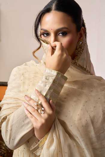 Shop_Arje India_Beige Silk, Cotton, Chanderi Round Neck, Yes And Kurta Set _Online_at_Aza_Fashions