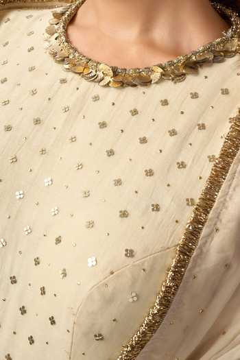 Arje India_Beige Silk, Cotton, Chanderi Round Neck, Yes And Kurta Set _at_Aza_Fashions