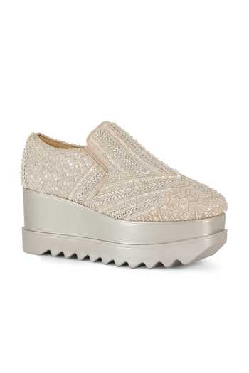 Shop Anaar Silver Glamarama Sequinned Wedge Sneakers Shop_Anaar_Silver Glamarama Sequinned Wedge Sneakers
