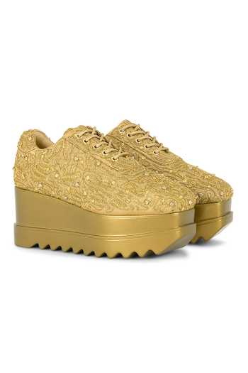 Shop Anaar Gold Wink And Clink Embroidered Wedge Sneakers Online at Aza Fashions Shop_Anaar_Gold Wink And Clink Embroidered Wedge Sneakers _Online_at_Aza_Fashions